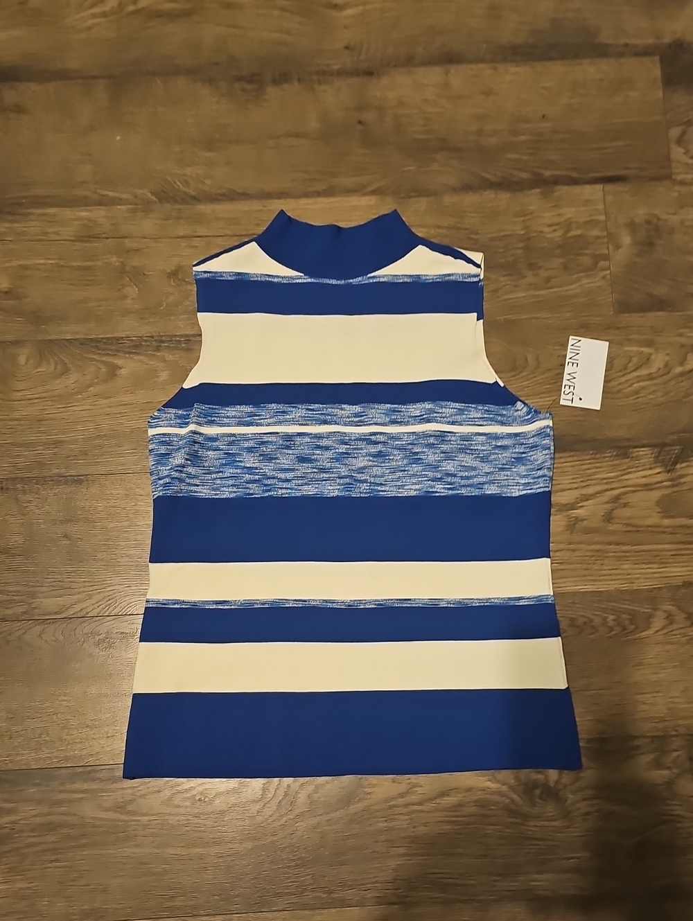NWT Nine West Royal Blue White Striped Mock Neck Tank stretch Medium